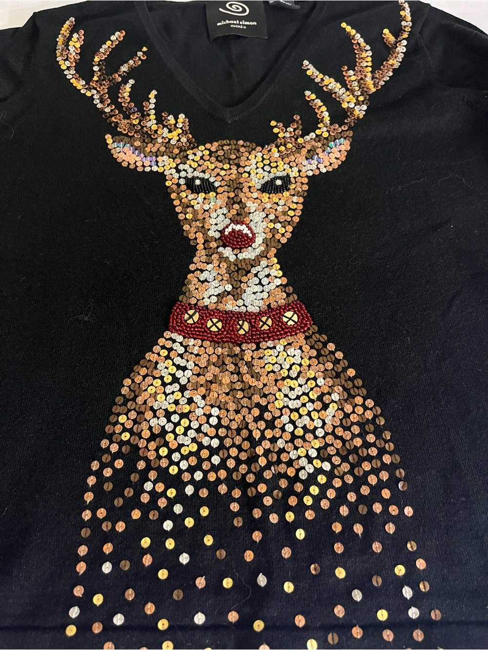 Michael Simon Black Sweater with Gold Sequin Reindeer and Red Cuff Accents - Picture 3 of 7